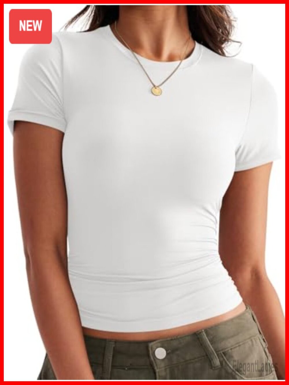 Women's Double Lined Crewneck Short Sleeve Crop Top Slim Fit Summer Tee